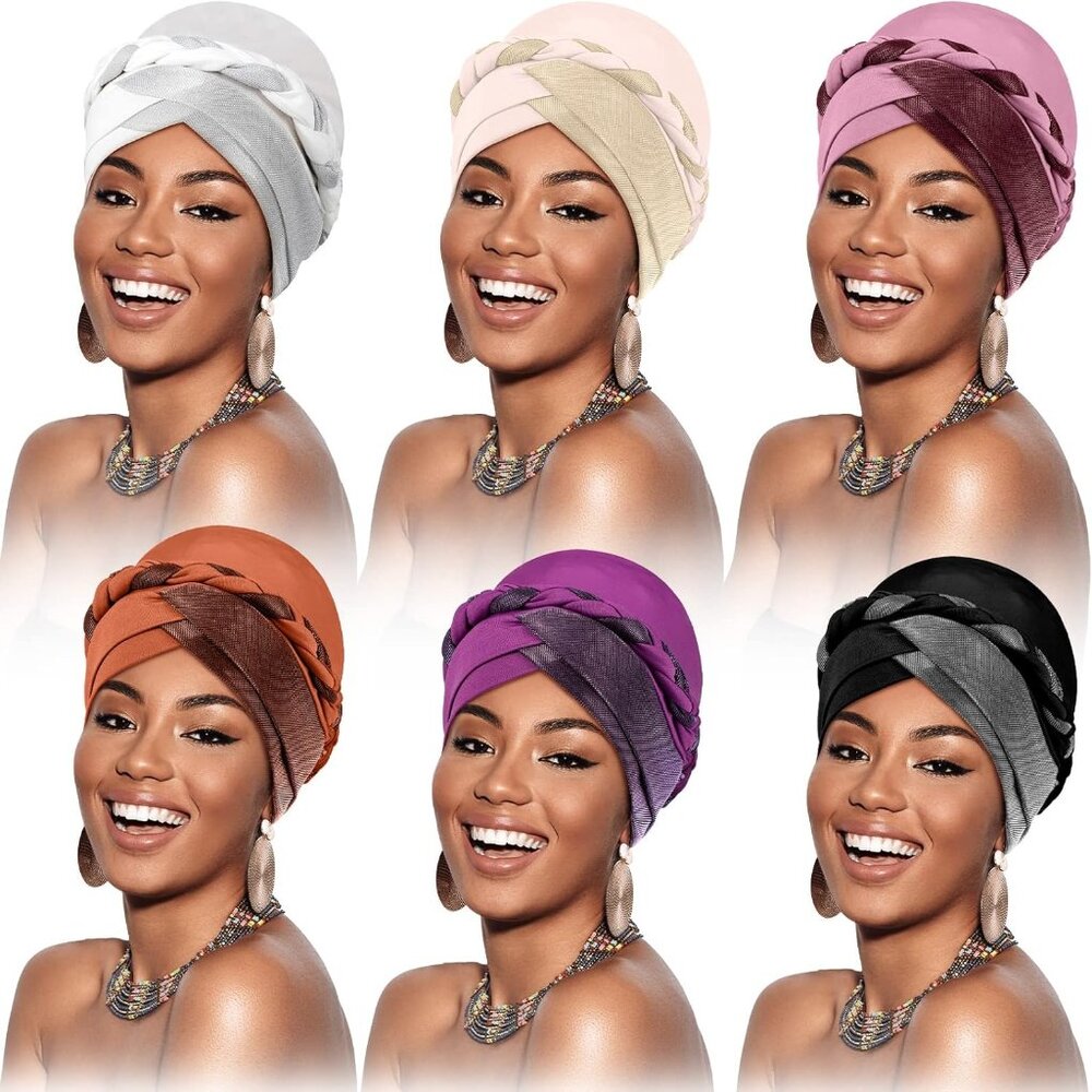 6 Pcs African Black Women Turban Caps Beanie Headscarf Pre-Tied Twisted Braid He